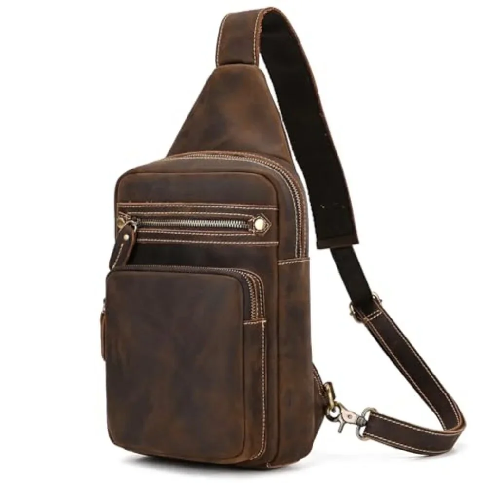 Genuine Leather Sling Bag Multi Pocket Crossbody Backpack Travel Sport